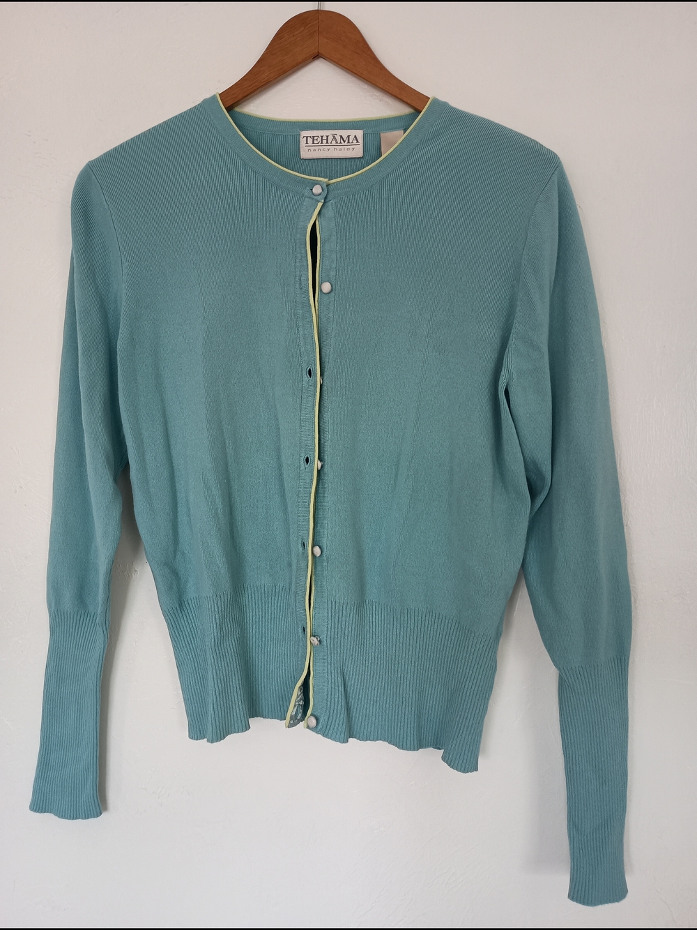 Tehama Nancy Haley Women's Robin's Egg Blue Crewneck Cardigan with Yellow Trim